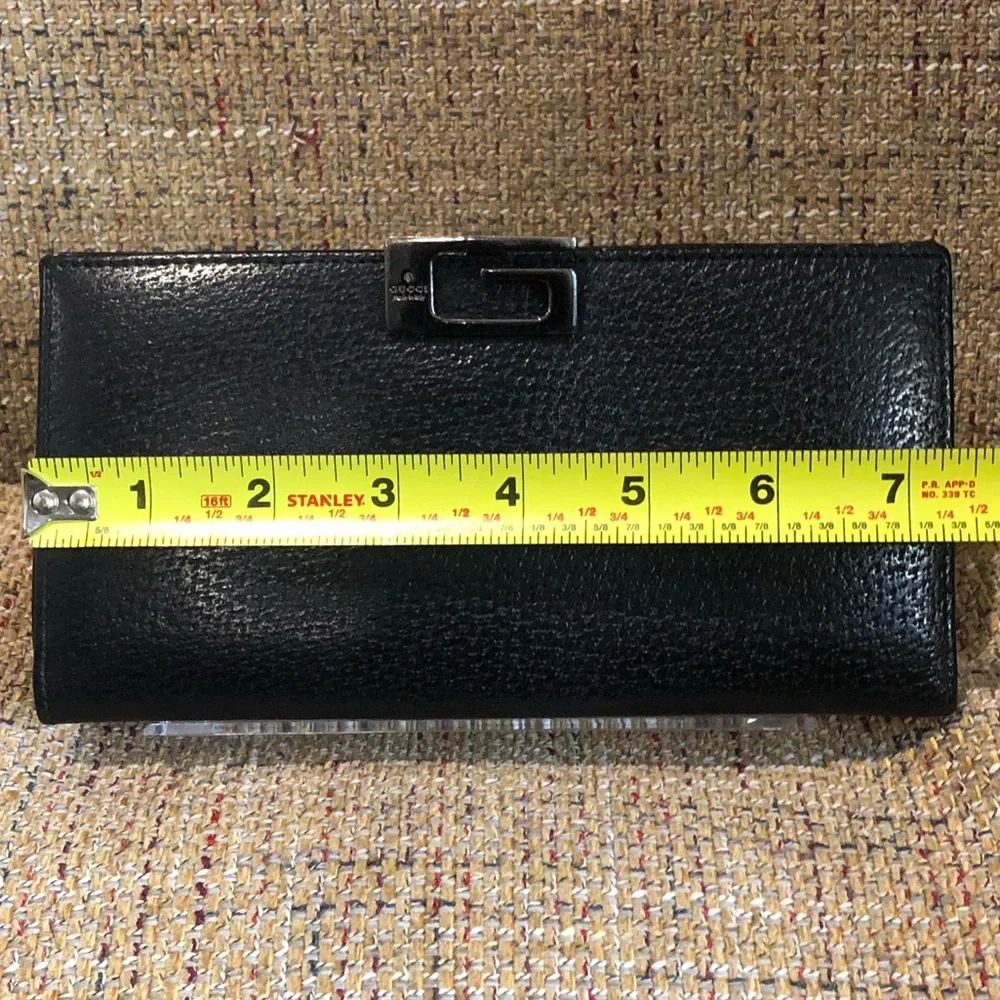 GUCCI Black Lambskin Trifold Long Wallet with Silver G Money Clasp Vintage